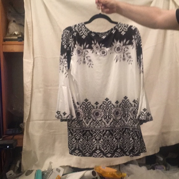 (1XL) vintage tunic mini dress black white floral - Picture 5 of 5